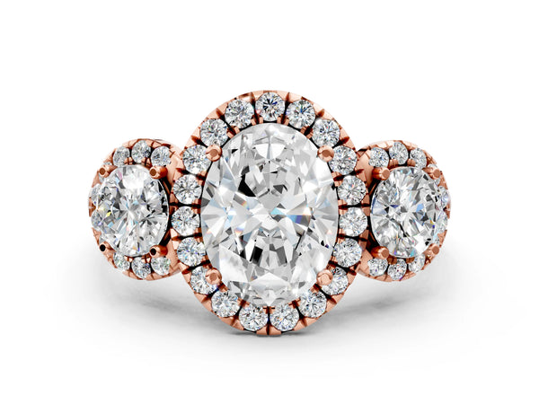 Rose gold Oval Cut Diamond Three-Stone Halo Ring with Prong Setting and Pavé Accents
