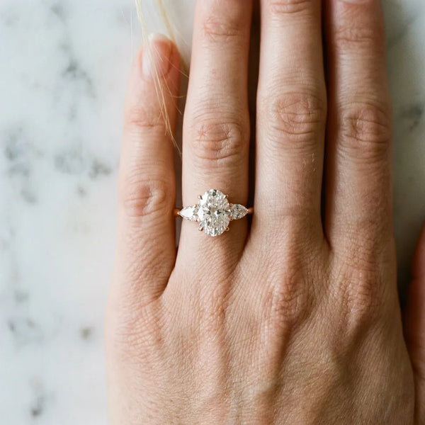 Rose Gold Oval Three Stone Engagement Ring Setting with Pear Side Stones