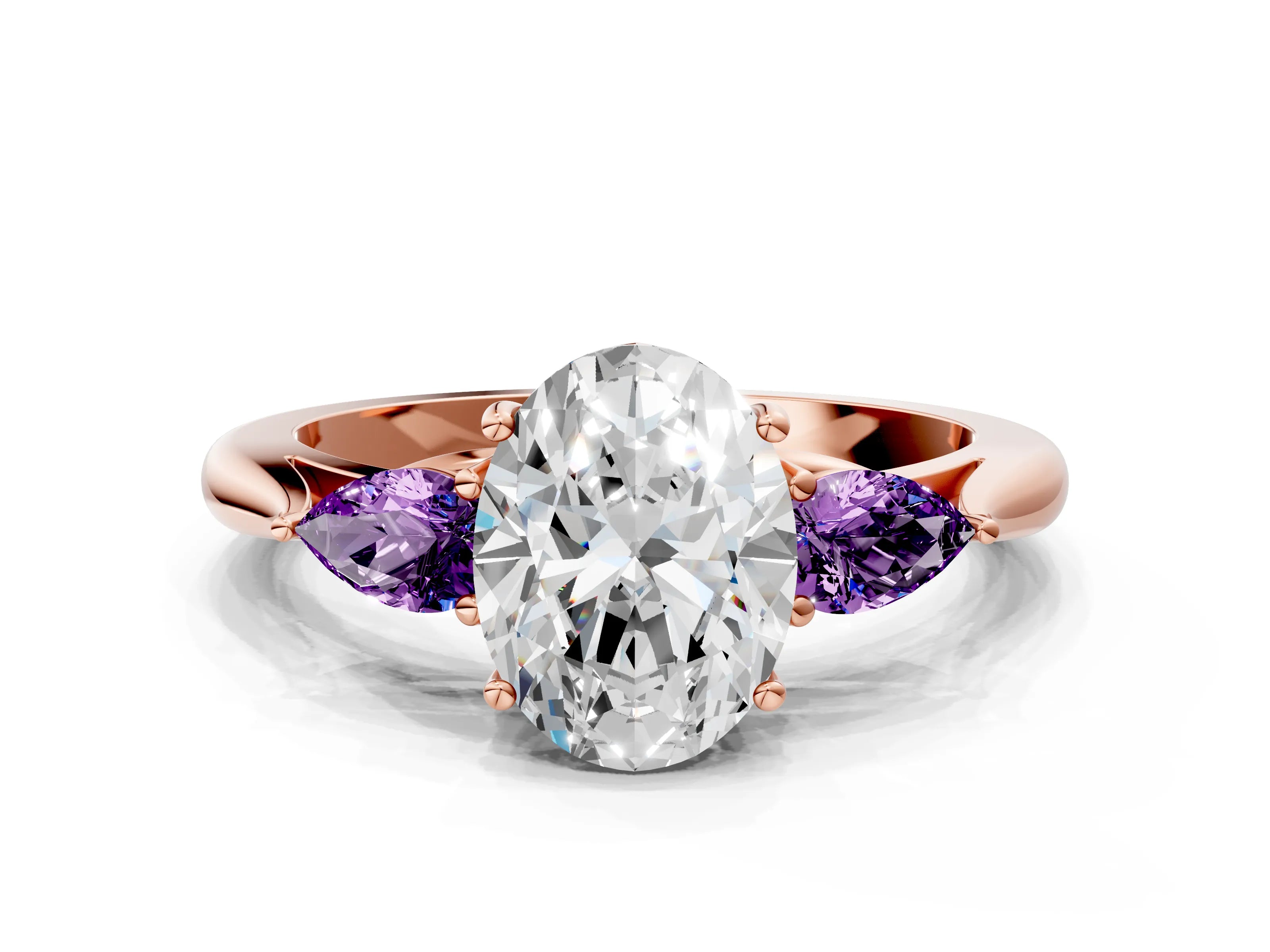 Rose gold Oval Cut Diamond Three-Stone Ring with Pear with Amethyst side stone Side Stones and Prong Setting