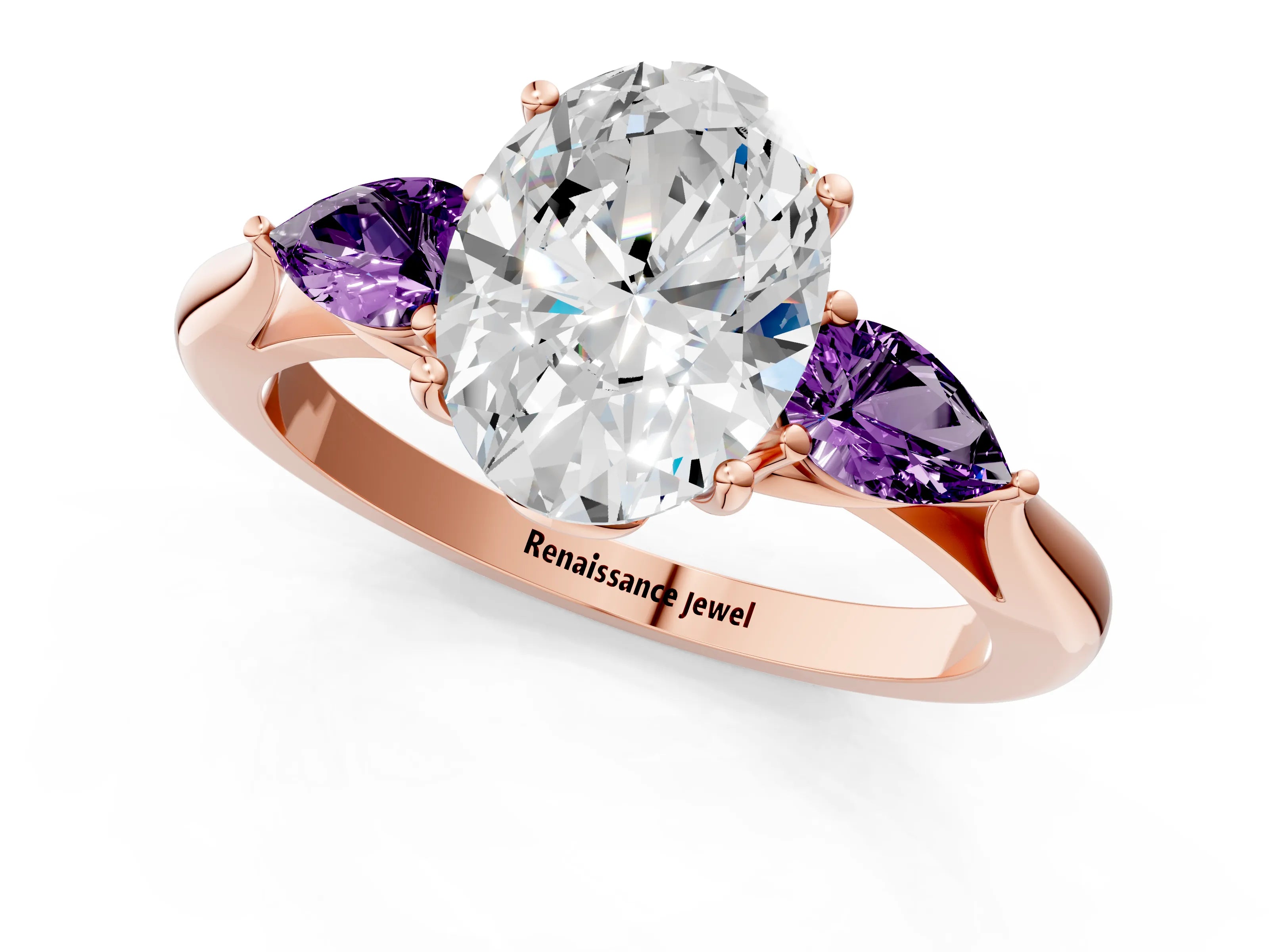 Rose gold Oval Cut Diamond Three-Stone Ring with Pear with Amethyst side stone Side Stones and Prong Setting_1