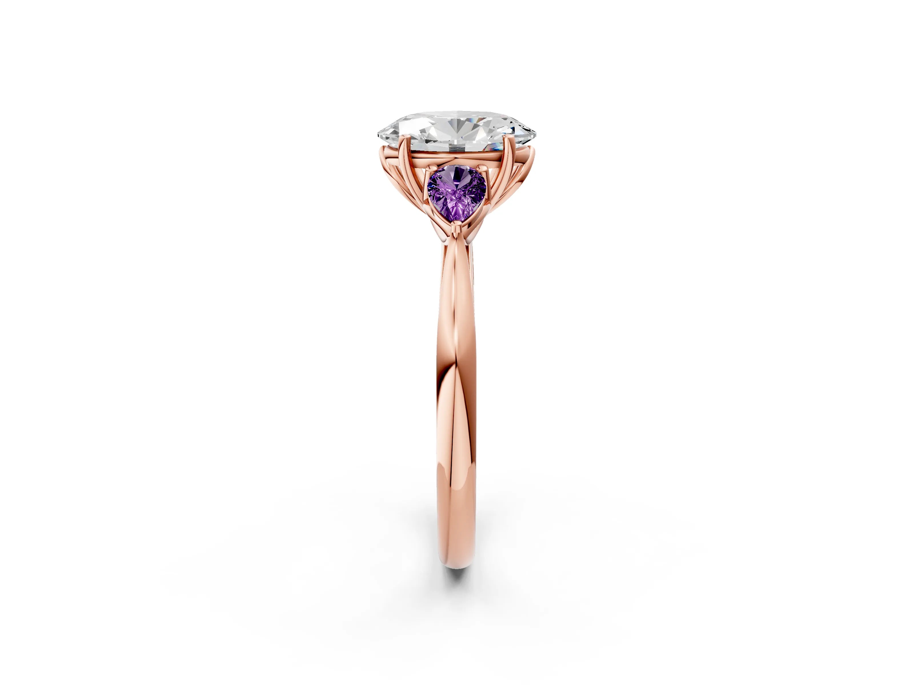 Rose gold Oval Cut Diamond Three-Stone Ring with Pear with Amethyst side stone Side Stones and Prong Setting_2