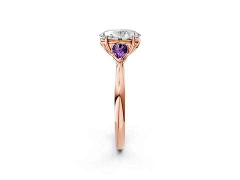 Rose gold Oval Cut Diamond Three-Stone Ring with Pear with Amethyst side stone Side Stones and Prong Setting_2