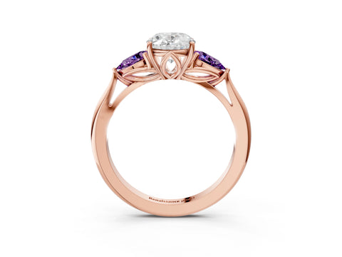 Rose gold Oval Cut Diamond Three-Stone Ring with Pear with Amethyst side stone Side Stones and Prong Setting_3