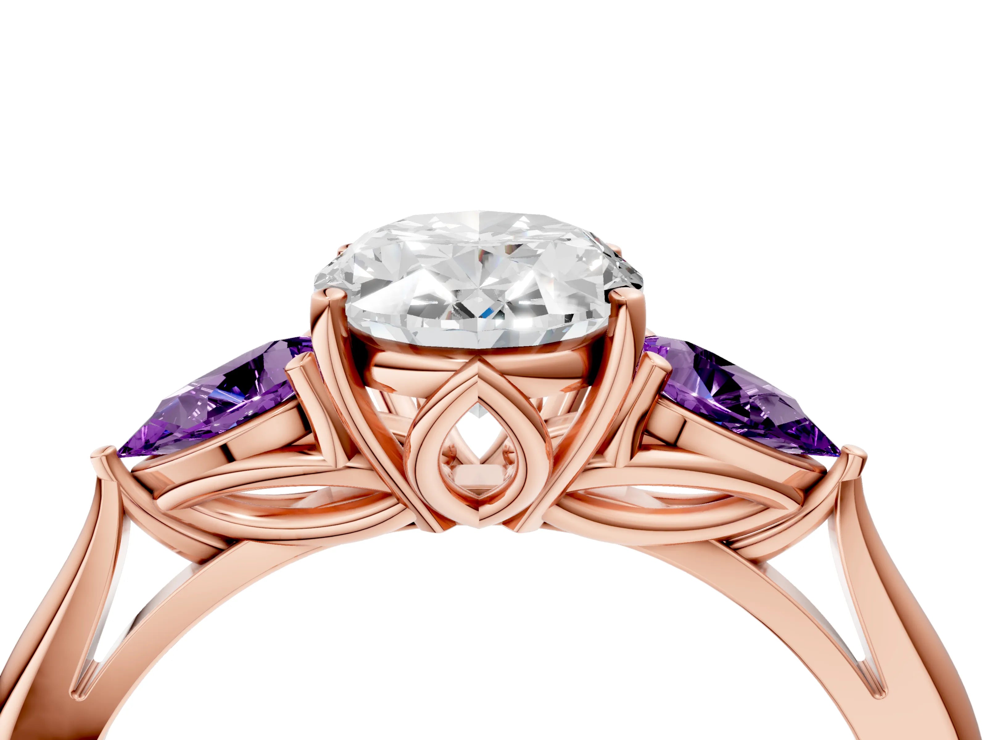 Rose gold Oval Cut Diamond Three-Stone Ring with Pear with Amethyst side stone Side Stones and Prong Setting_4