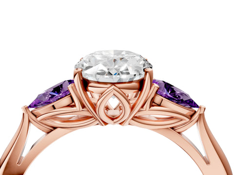 Rose gold Oval Cut Diamond Three-Stone Ring with Pear with Amethyst side stone Side Stones and Prong Setting_4