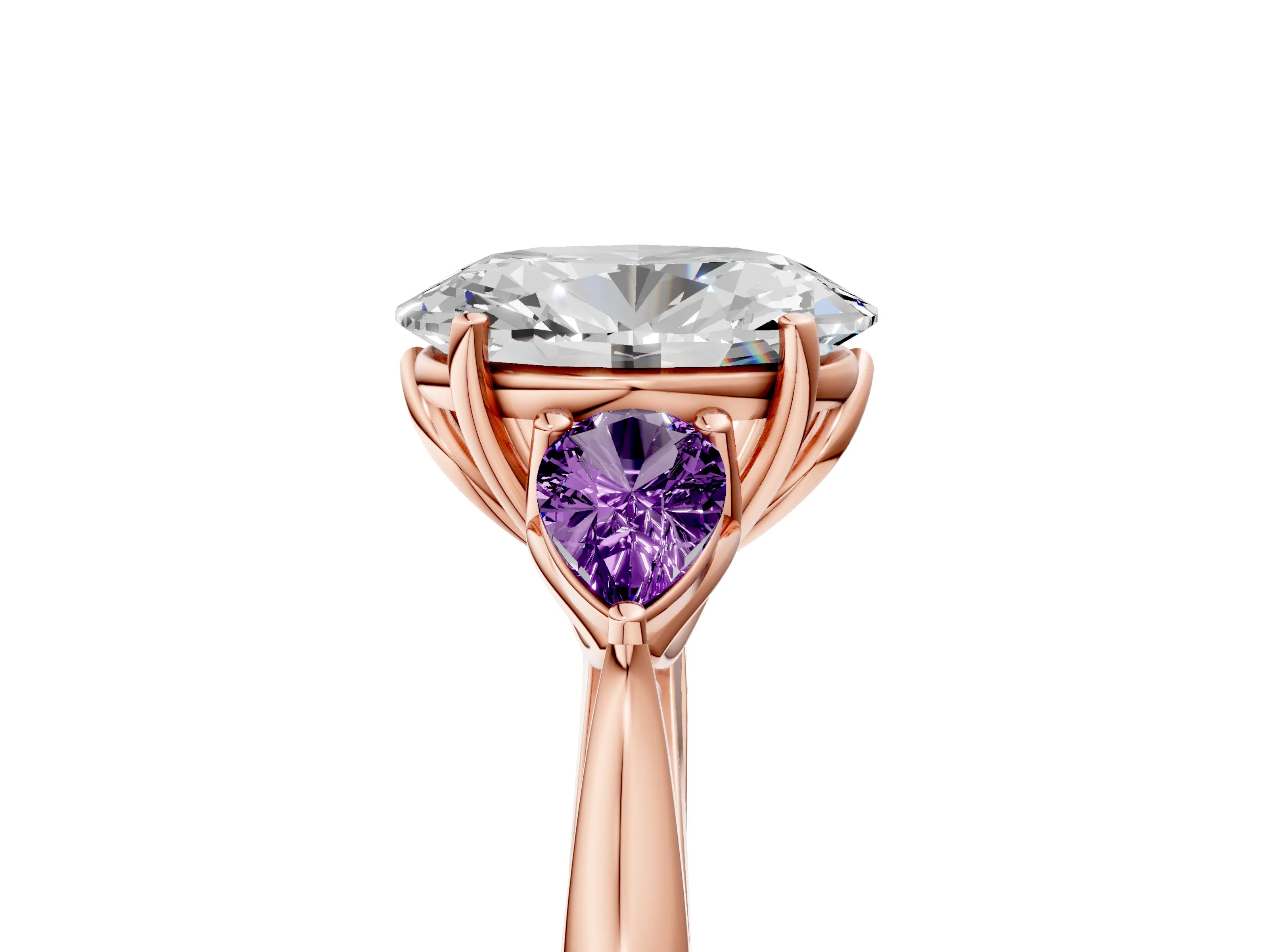 Rose gold Oval Cut Diamond Three-Stone Ring with Pear with Amethyst side stone Side Stones and Prong Setting_5