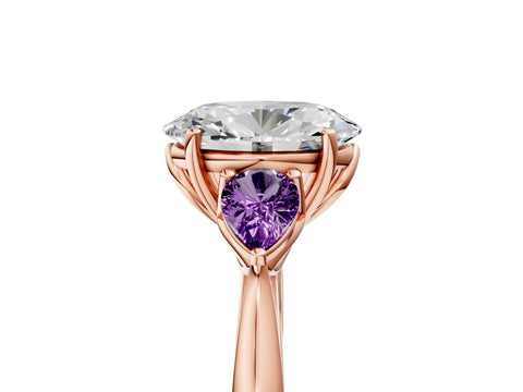 Rose gold Oval Cut Diamond Three-Stone Ring with Pear with Amethyst side stone Side Stones and Prong Setting_5