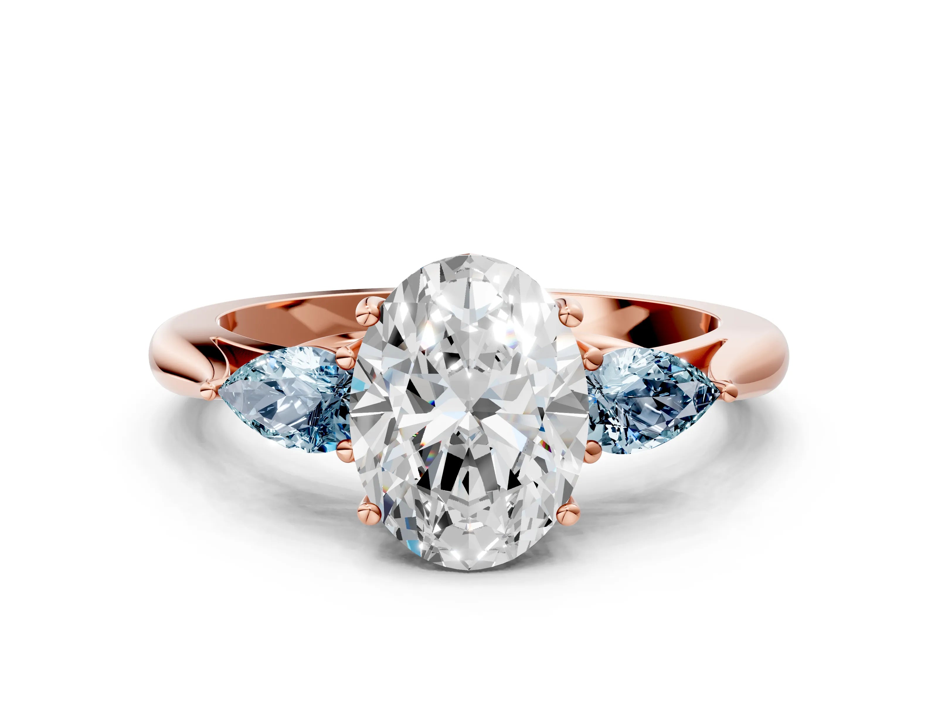 Rose gold Oval Cut Diamond Three-Stone Ring with Pear with Aquamarine side stone Side Stones and Prong Setting