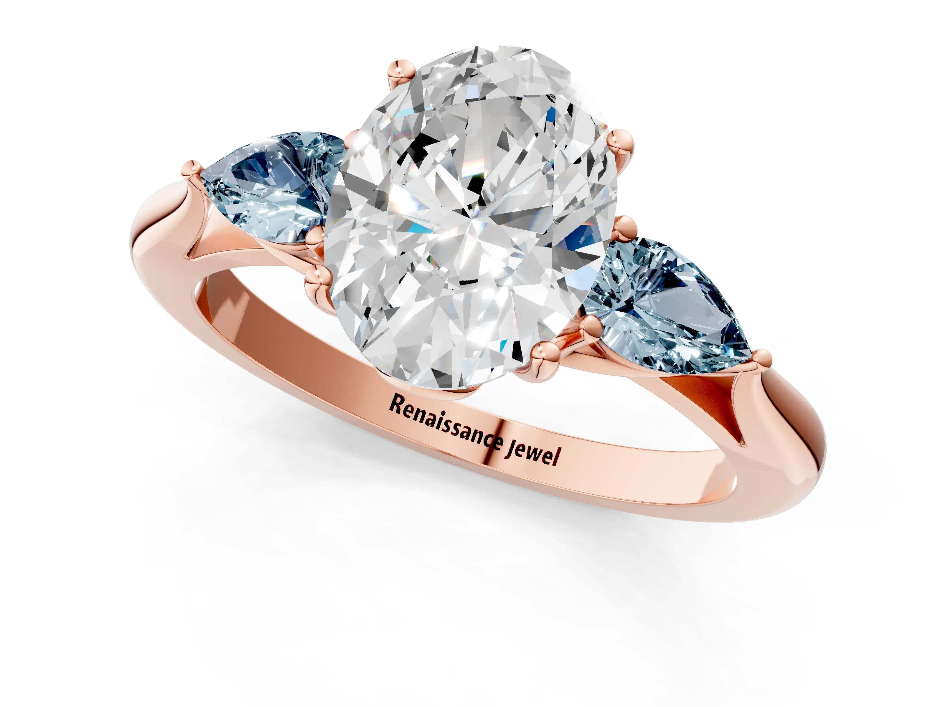 Rose gold Oval Cut Diamond Three-Stone Ring with Pear with Aquamarine side stone Side Stones and Prong Setting_1