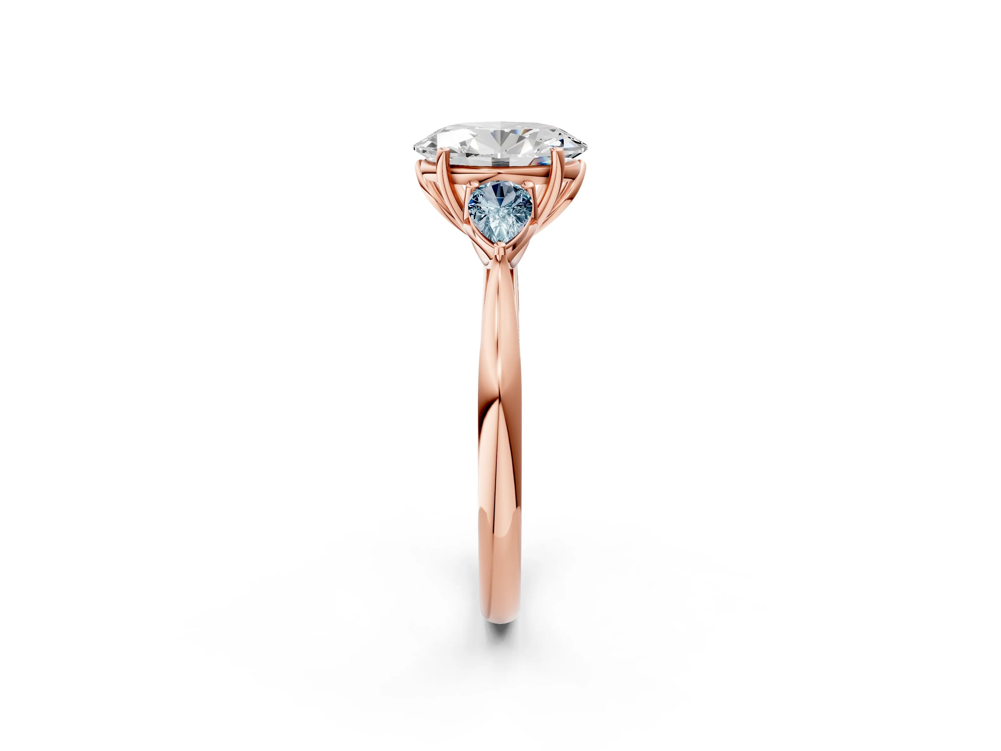 Rose gold Oval Cut Diamond Three-Stone Ring with Pear with Aquamarine side stone Side Stones and Prong Setting_2