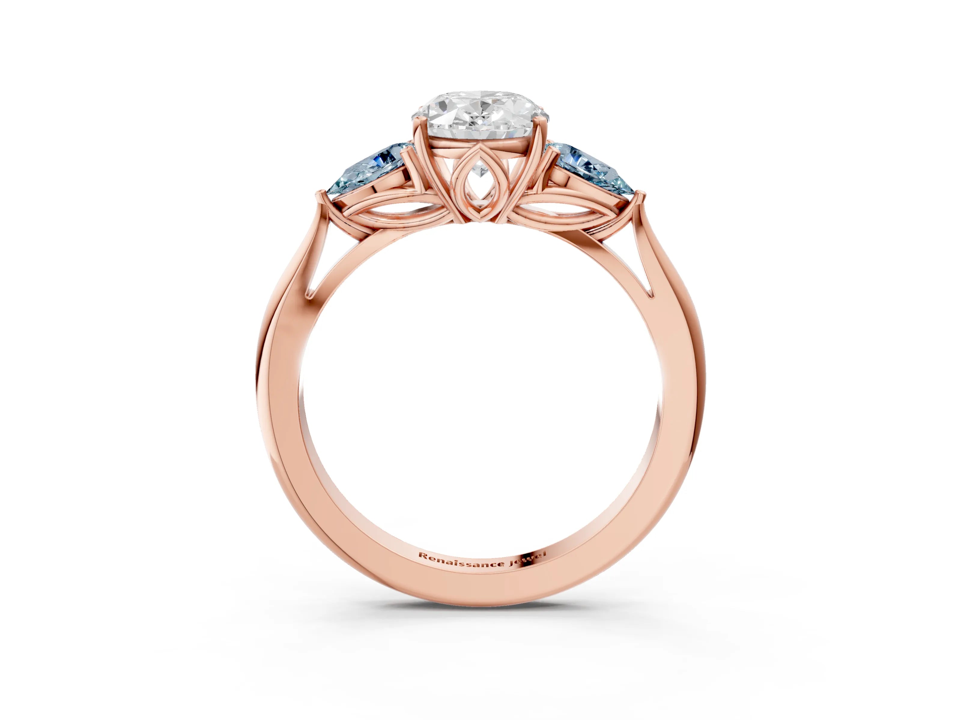 Rose gold Oval Cut Diamond Three-Stone Ring with Pear with Aquamarine side stone Side Stones and Prong Setting_3