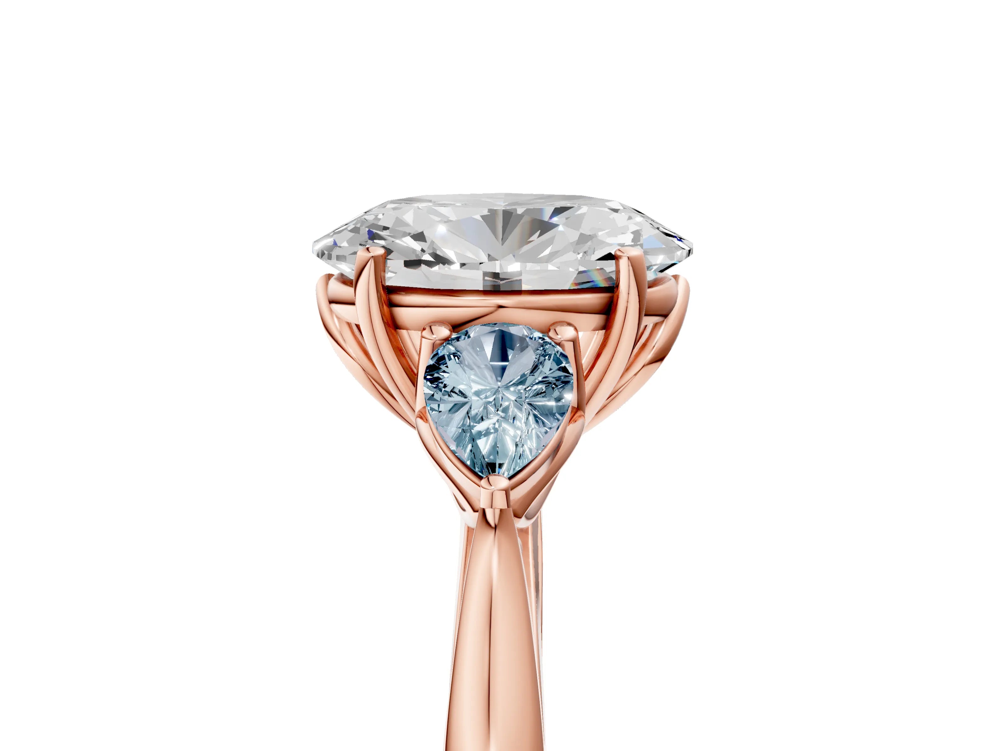 Rose gold Oval Cut Diamond Three-Stone Ring with Pear with Aquamarine side stone Side Stones and Prong Setting_5