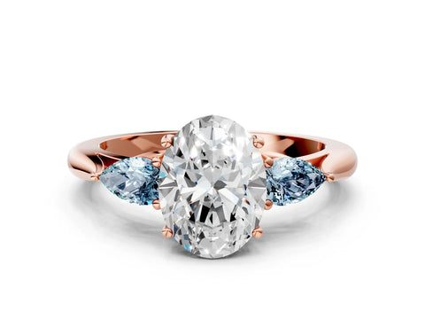Rose gold Oval Cut Diamond Three-Stone Ring with Pear with Aquamarine side stone Side Stones and Prong Setting