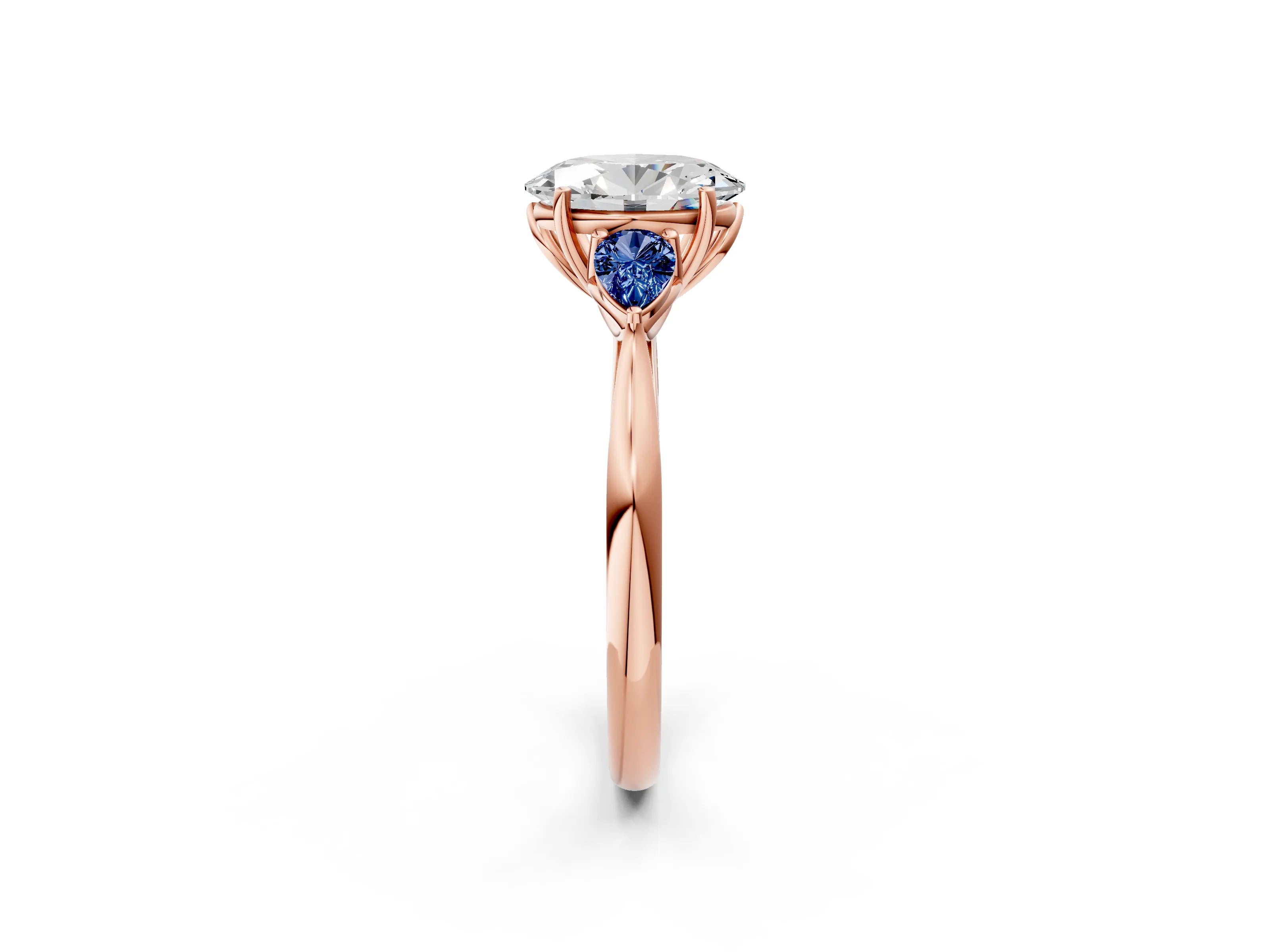 Rose gold Oval Cut Diamond Three-Stone Ring with Pear with Blue Sapphire side stone Side Stones and Prong Setting_2