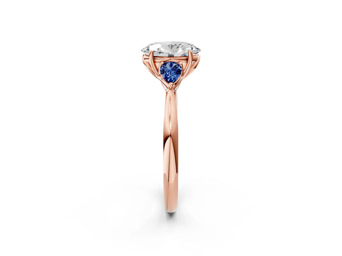 Rose gold Oval Cut Diamond Three-Stone Ring with Pear with Blue Sapphire side stone Side Stones and Prong Setting_2