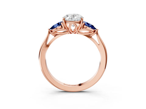 Rose gold Oval Cut Diamond Three-Stone Ring with Pear with Blue Sapphire side stone Side Stones and Prong Setting_3