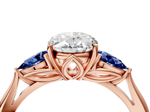Rose gold Oval Cut Diamond Three-Stone Ring with Pear with Blue Sapphire side stone Side Stones and Prong Setting_4