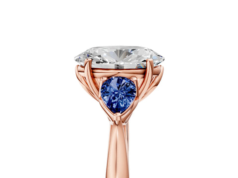 Rose gold Oval Cut Diamond Three-Stone Ring with Pear with Blue Sapphire side stone Side Stones and Prong Setting_5