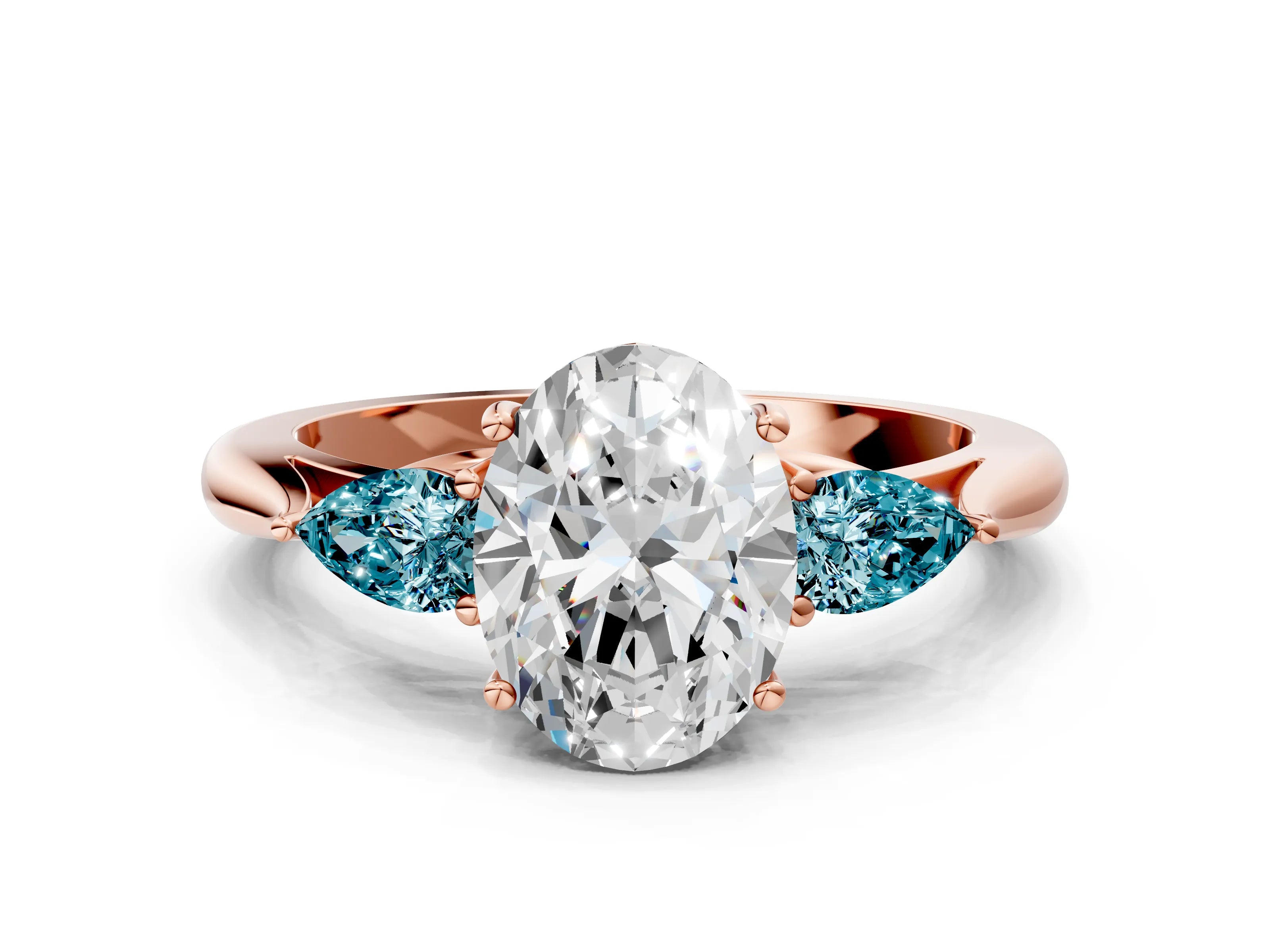 Rose gold Oval Cut Diamond Three-Stone Ring with Pear with Blue Topaz side stone Side Stones and Prong Setting