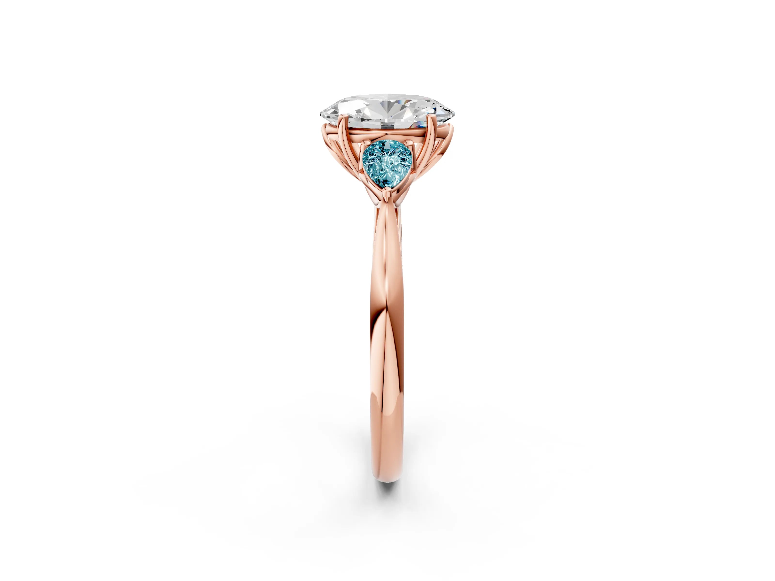Rose gold Oval Cut Diamond Three-Stone Ring with Pear with Blue Topaz side stone Side Stones and Prong Setting_2