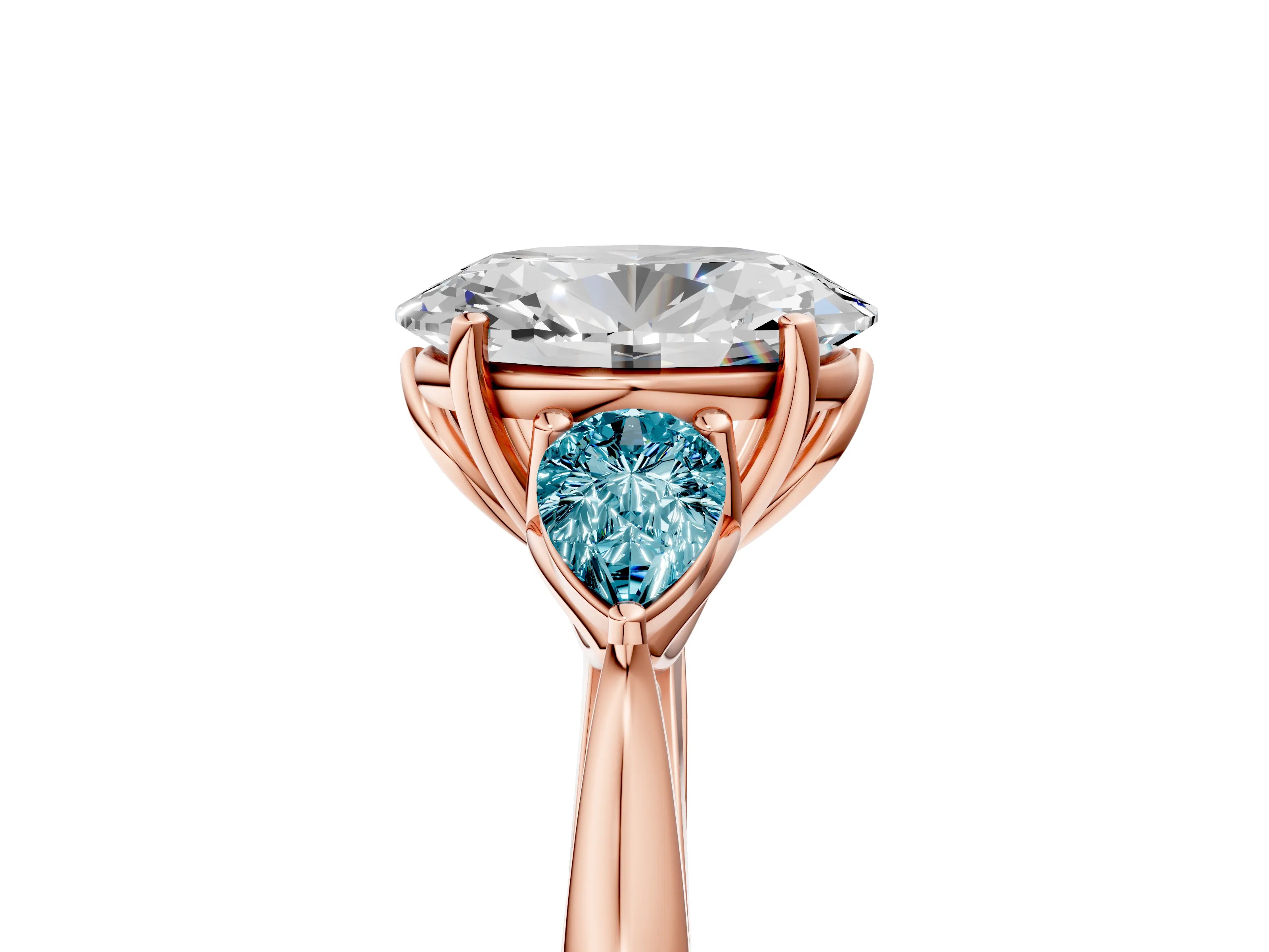 Rose gold Oval Cut Diamond Three-Stone Ring with Pear with Blue Topaz side stone Side Stones and Prong Setting_5