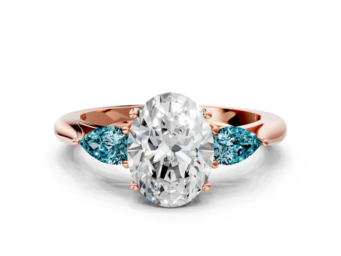 Rose gold Oval Cut Diamond Three-Stone Ring with Pear with Blue Topaz side stone Side Stones and Prong Setting
