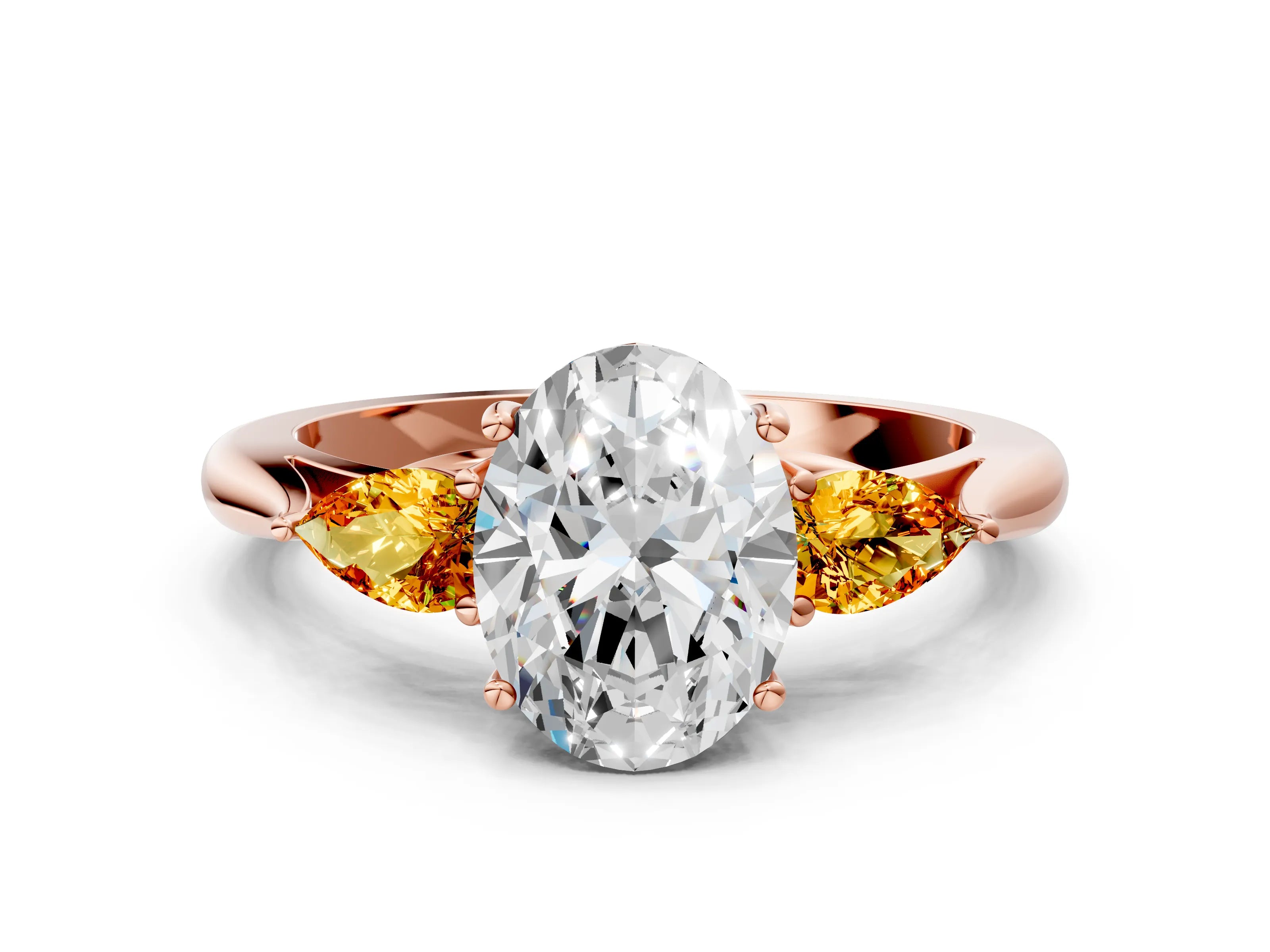 Rose gold Oval Cut Diamond Three-Stone Ring with Pear with Citrine side stone Side Stones and Prong Setting