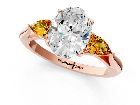 Rose gold Oval Cut Diamond Three-Stone Ring with Pear with Citrine side stone Side Stones and Prong Setting_1