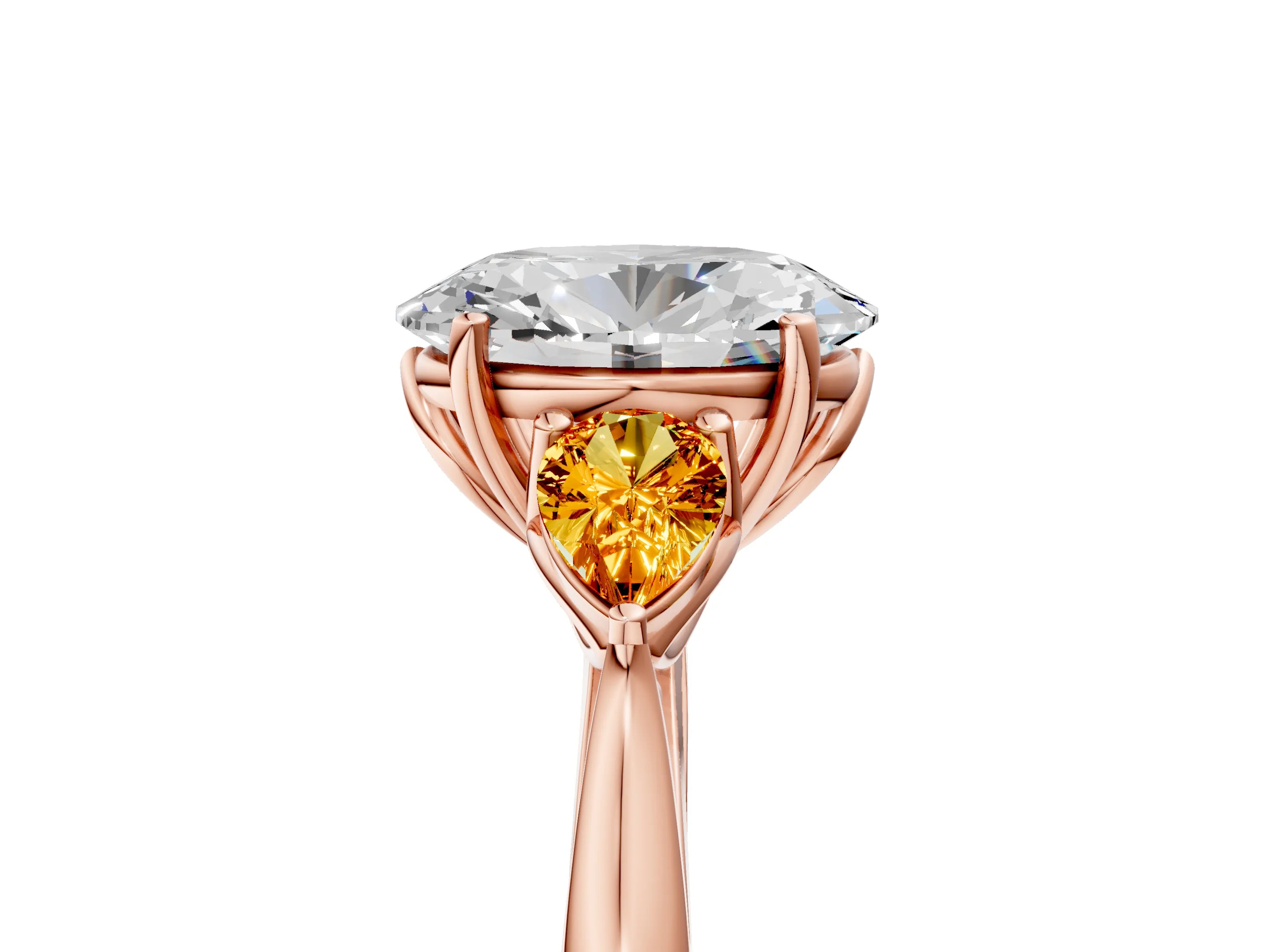 Rose gold Oval Cut Diamond Three-Stone Ring with Pear with Citrine side stone Side Stones and Prong Setting_5