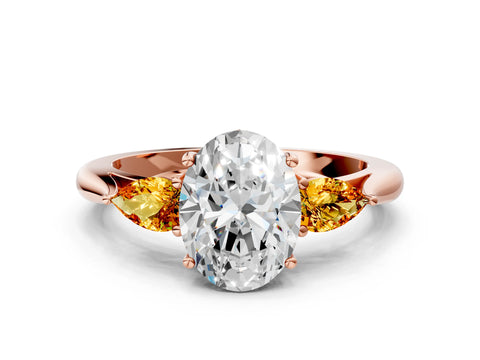 Rose gold Oval Cut Diamond Three-Stone Ring with Pear with Citrine side stone Side Stones and Prong Setting