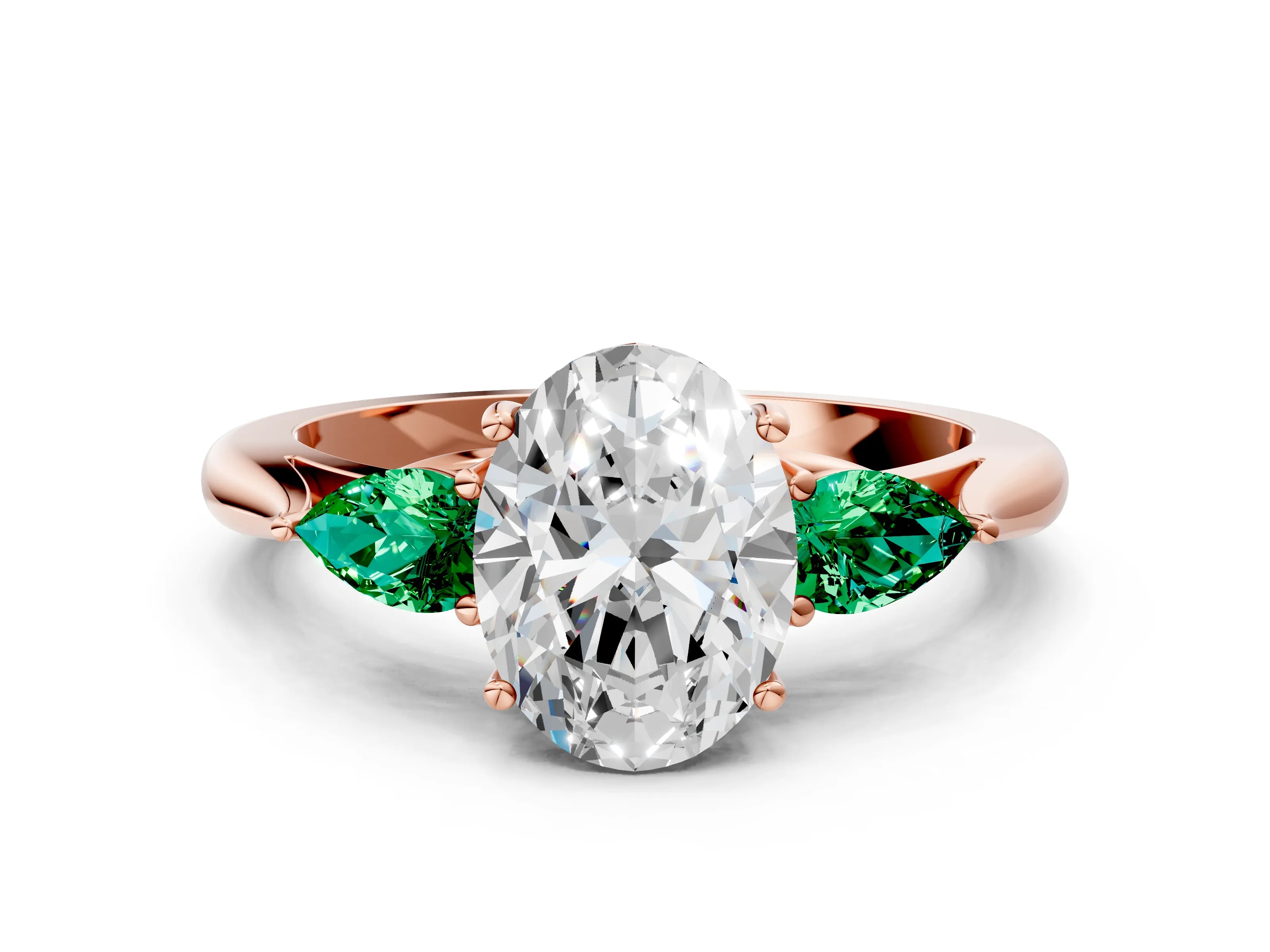 Rose gold Oval Cut Diamond Three-Stone Ring with Pear with Emerald side stone Side Stones and Prong Setting