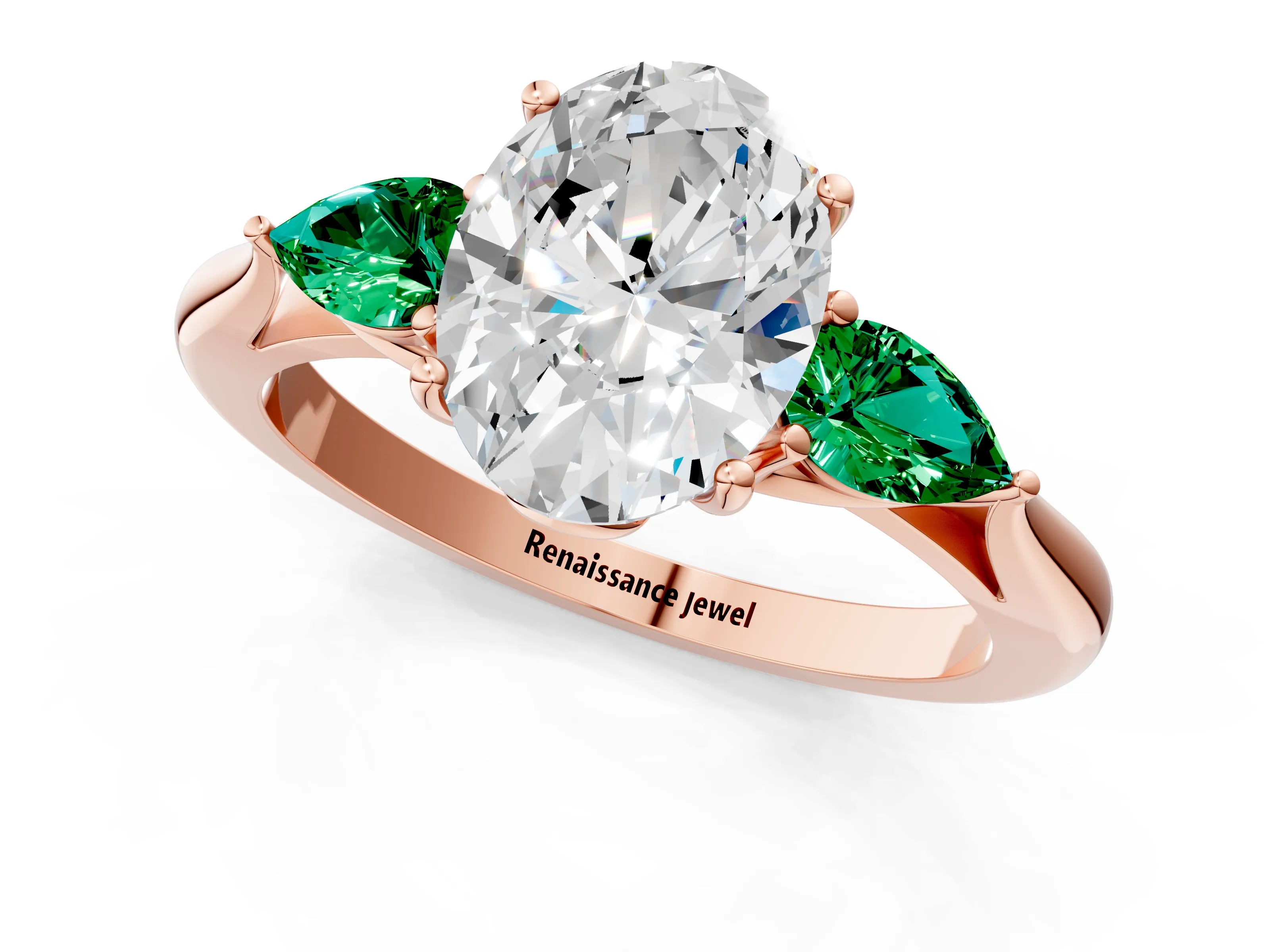 Rose gold Oval Cut Diamond Three-Stone Ring with Pear with Emerald side stone Side Stones and Prong Setting_1