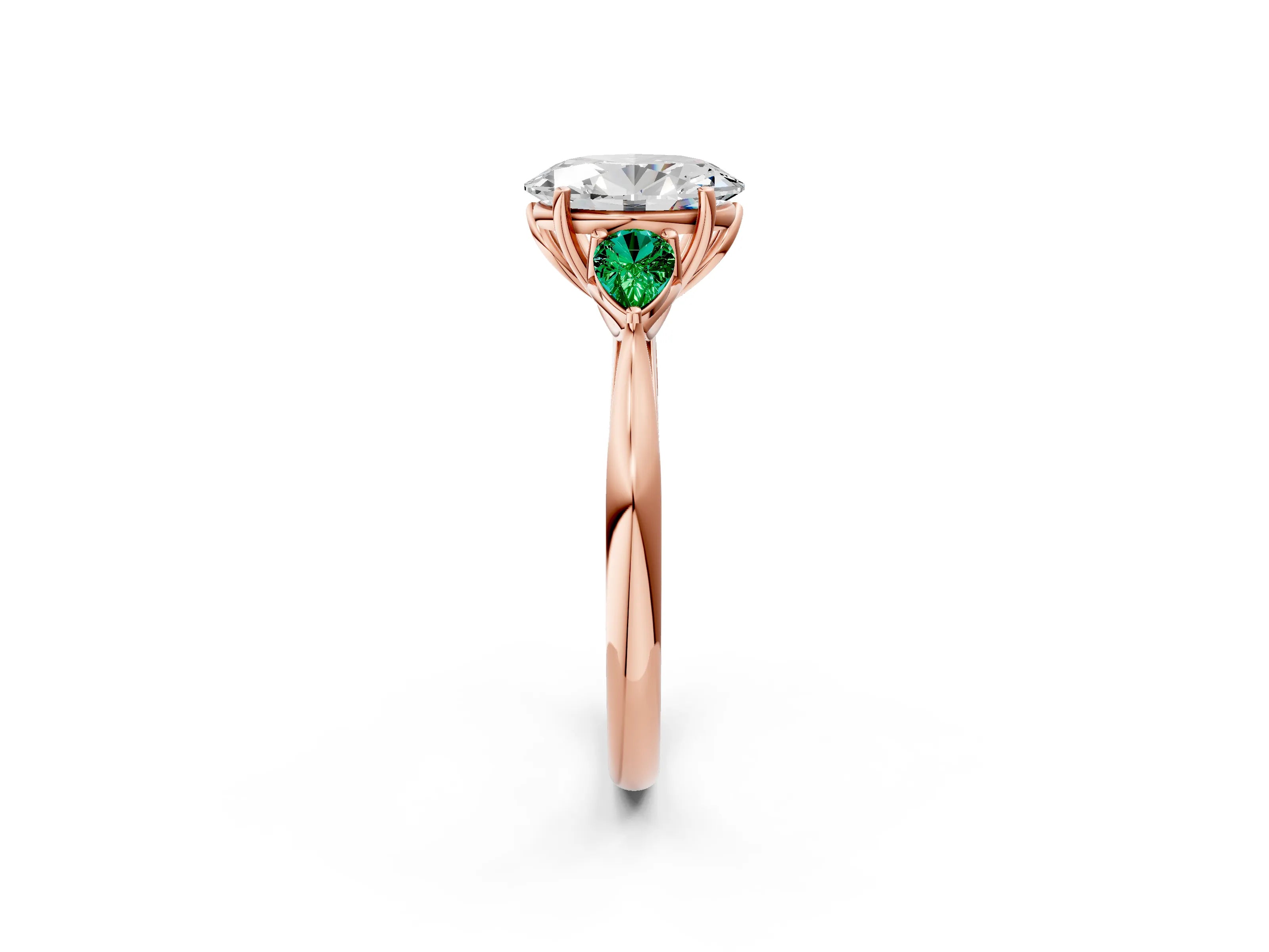 Rose gold Oval Cut Diamond Three-Stone Ring with Pear with Emerald side stone Side Stones and Prong Setting_2