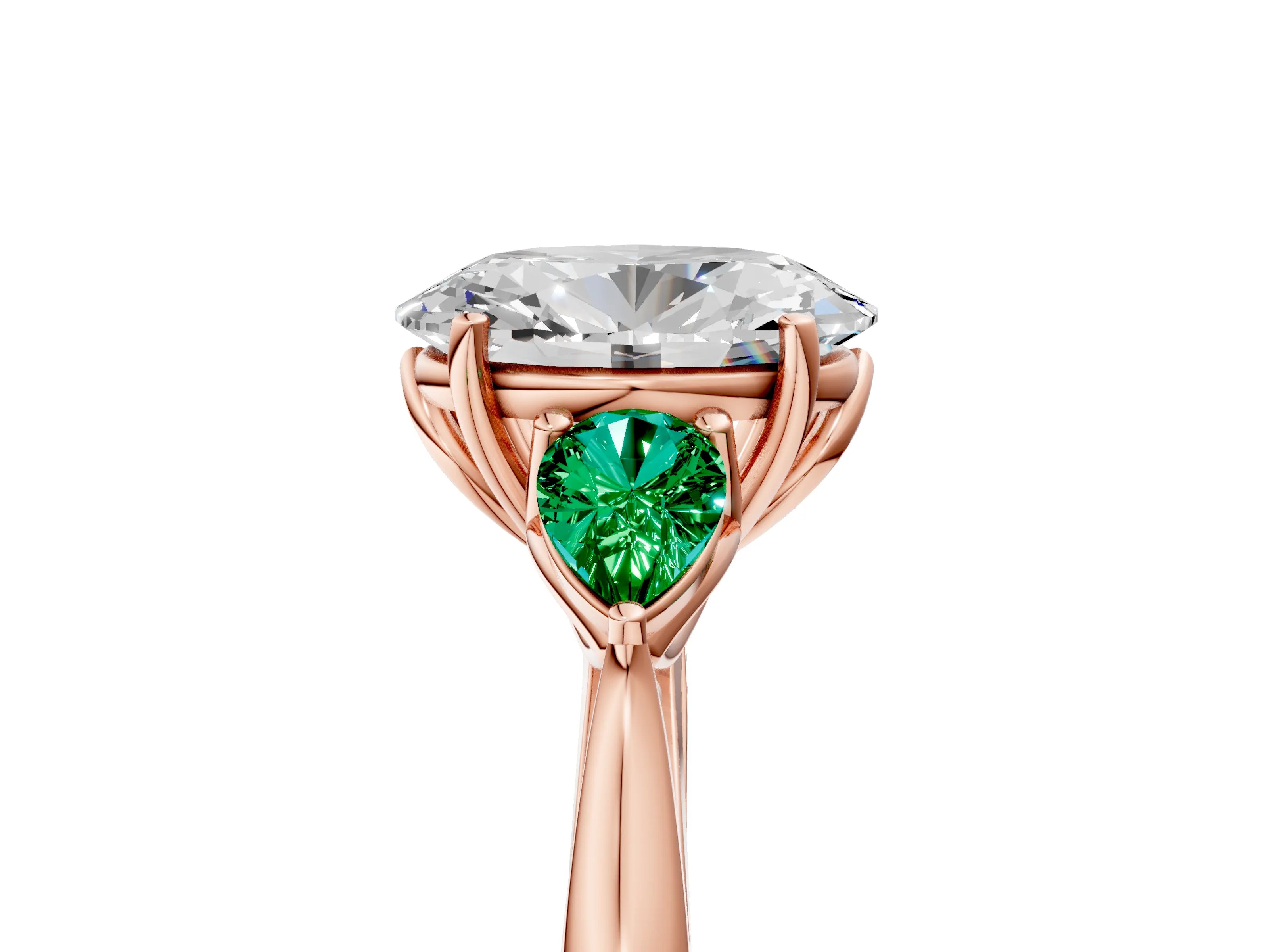 Rose gold Oval Cut Diamond Three-Stone Ring with Pear with Emerald side stone Side Stones and Prong Setting_5