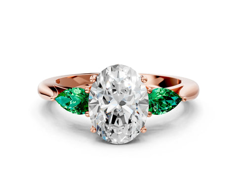 Rose gold Oval Cut Diamond Three-Stone Ring with Pear with Emerald side stone Side Stones and Prong Setting