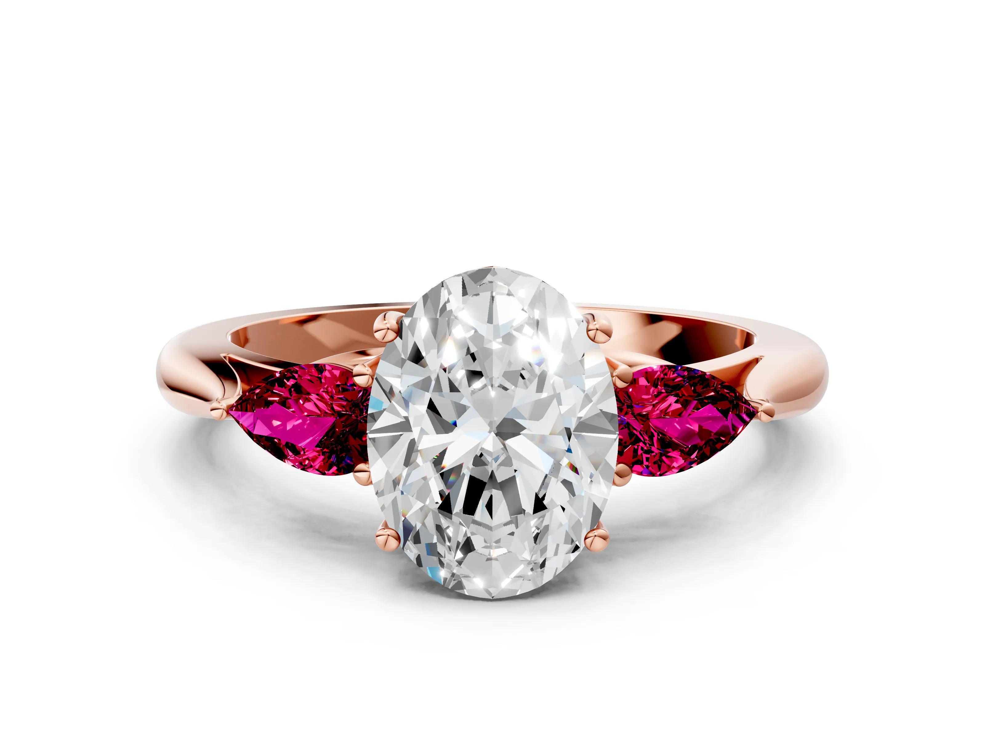 Rose gold Oval Cut Diamond Three-Stone Ring with Pear with Garnet side stone Side Stones and Prong Setting