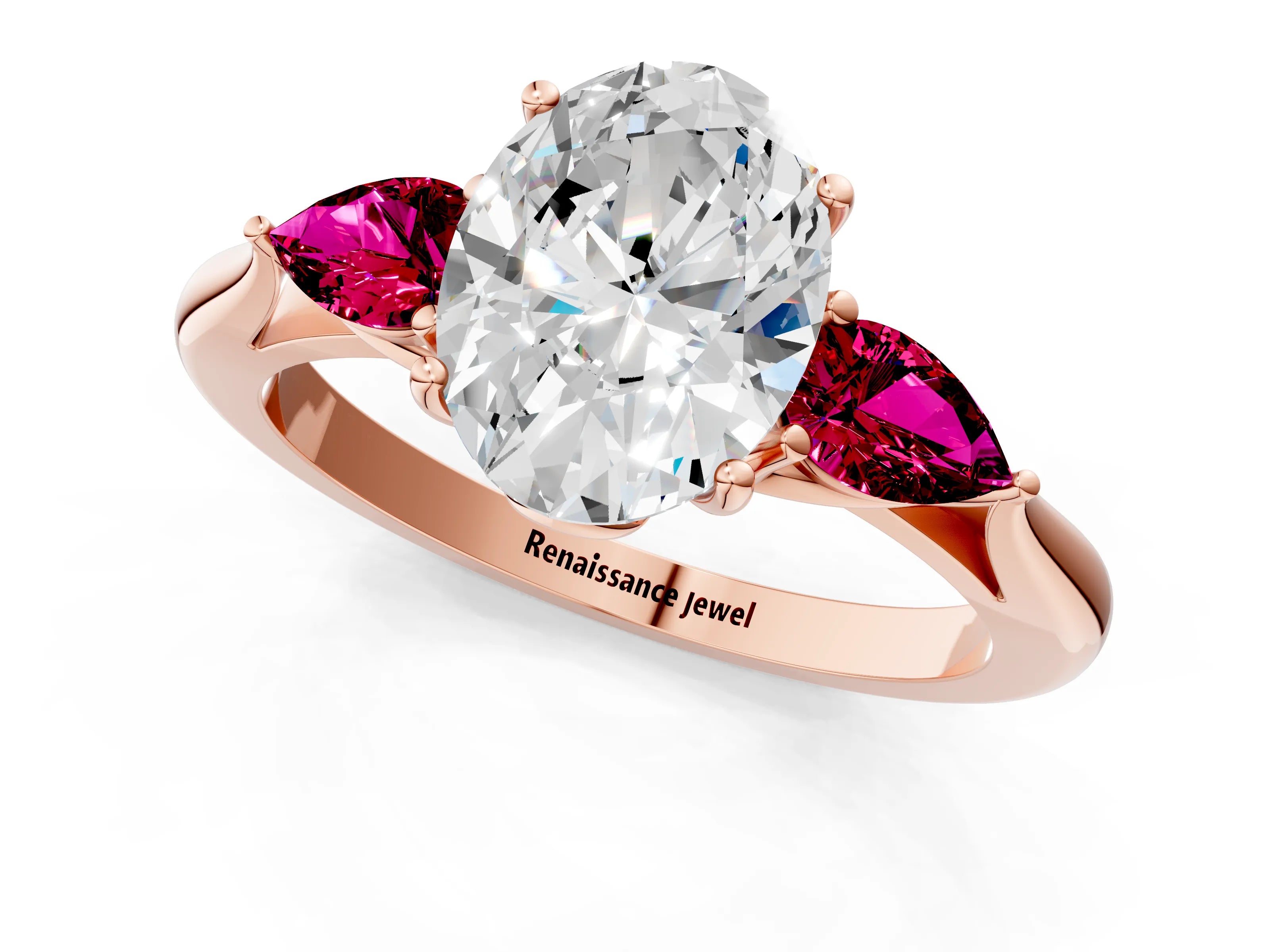 Rose gold Oval Cut Diamond Three-Stone Ring with Pear with Garnet side stone Side Stones and Prong Setting_1