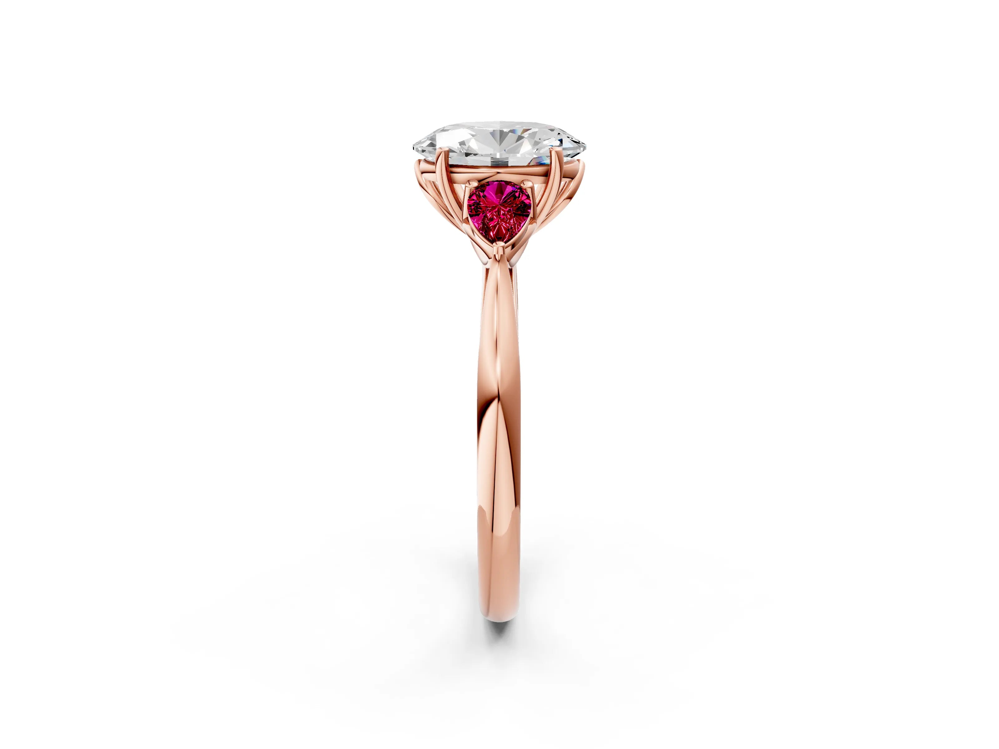 Rose gold Oval Cut Diamond Three-Stone Ring with Pear with Garnet side stone Side Stones and Prong Setting_2