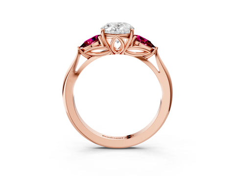 Rose gold Oval Cut Diamond Three-Stone Ring with Pear with Garnet side stone Side Stones and Prong Setting_3