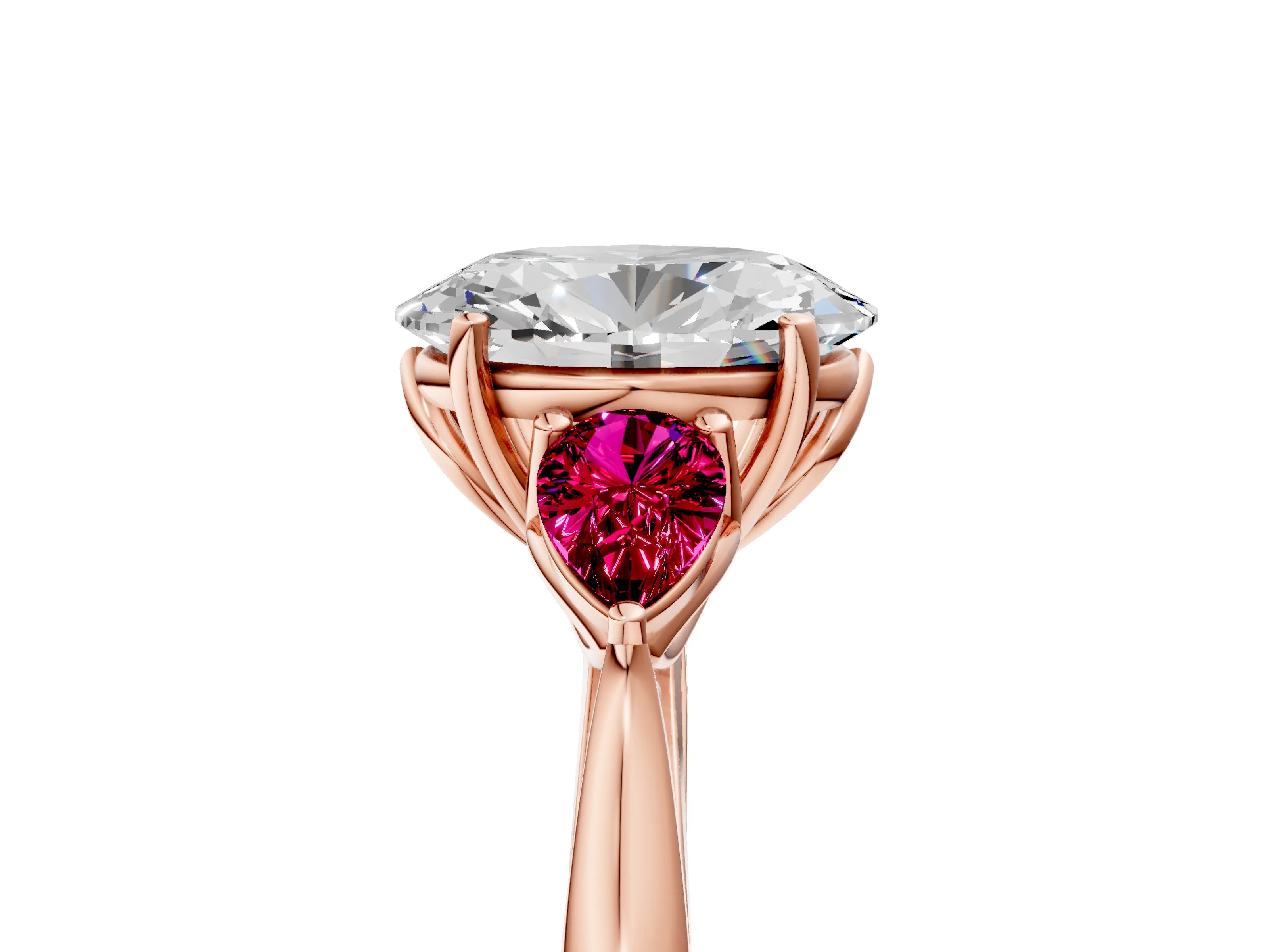Rose gold Oval Cut Diamond Three-Stone Ring with Pear with Garnet side stone Side Stones and Prong Setting_5