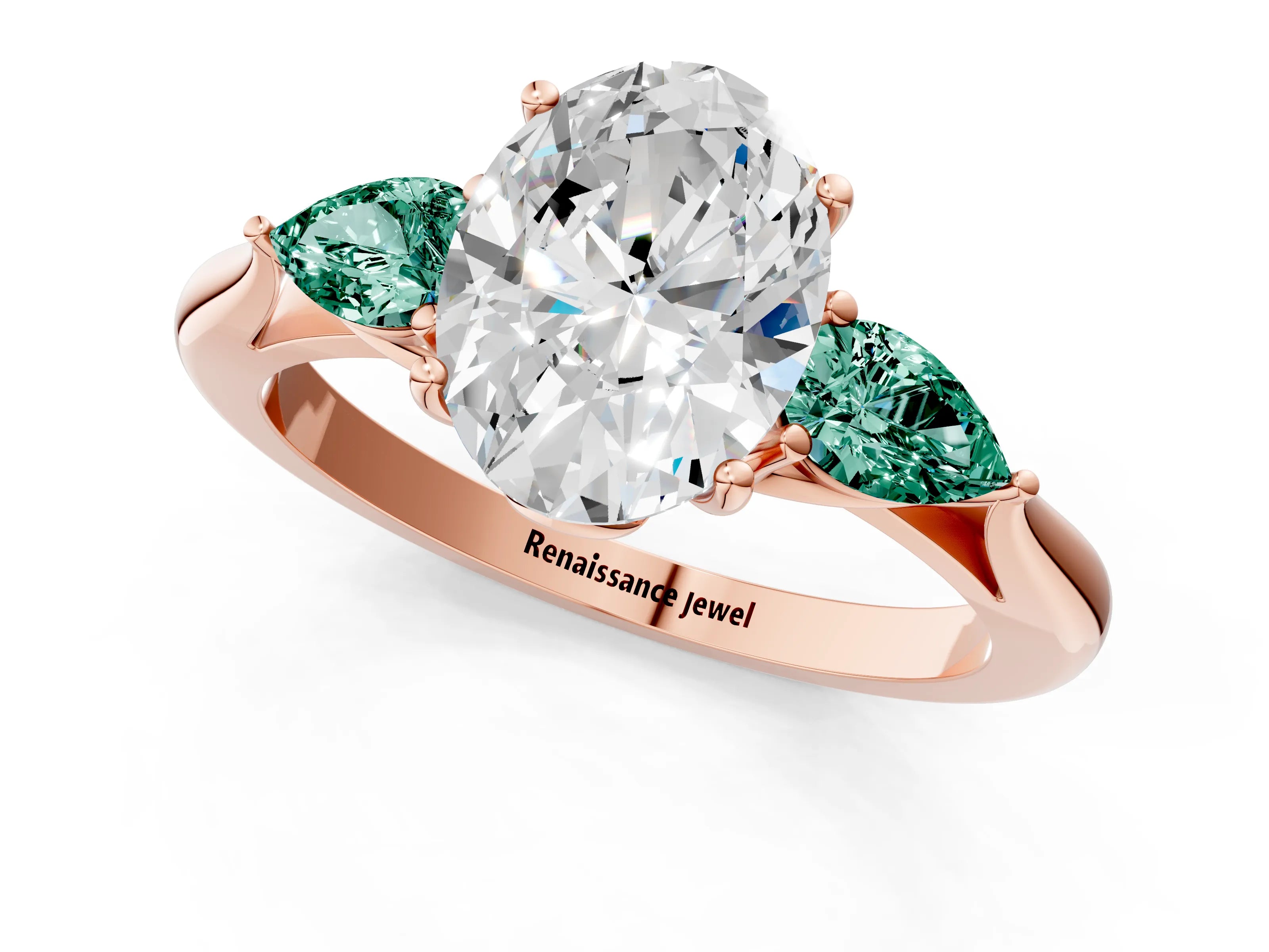 Rose gold Oval Cut Diamond Three-Stone Ring with Pear with Green Sapphire side stone Side Stones and Prong Setting_1