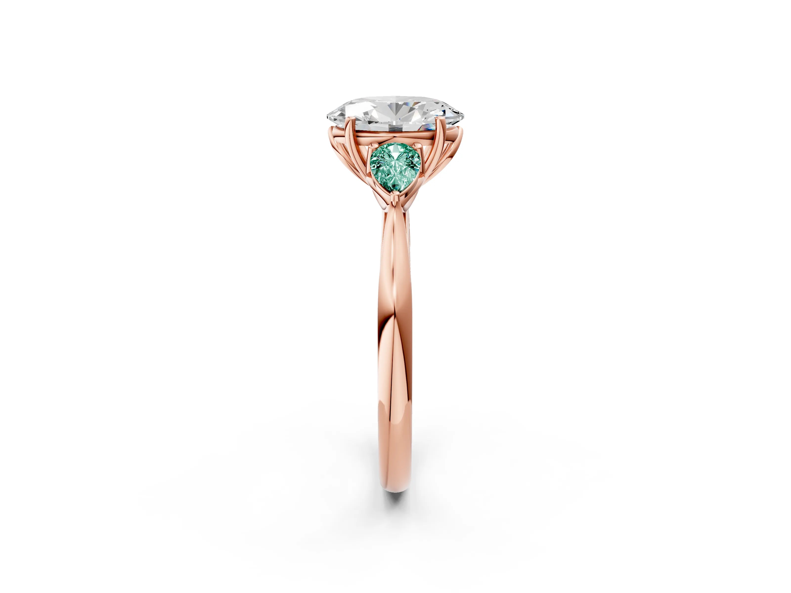 Rose gold Oval Cut Diamond Three-Stone Ring with Pear with Green Sapphire side stone Side Stones and Prong Setting_2