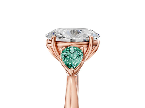 Rose gold Oval Cut Diamond Three-Stone Ring with Pear with Green Sapphire side stone Side Stones and Prong Setting_5