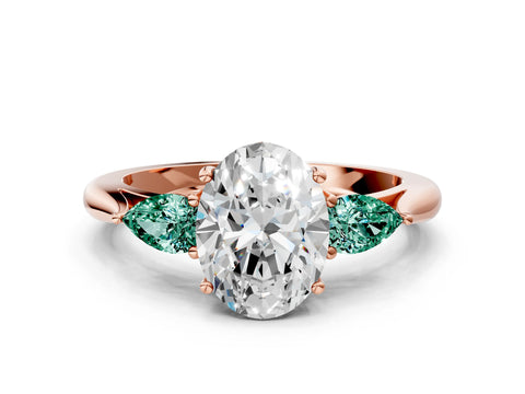 Rose gold Oval Cut Diamond Three-Stone Ring with Pear with Green Sapphire side stone Side Stones and Prong Setting