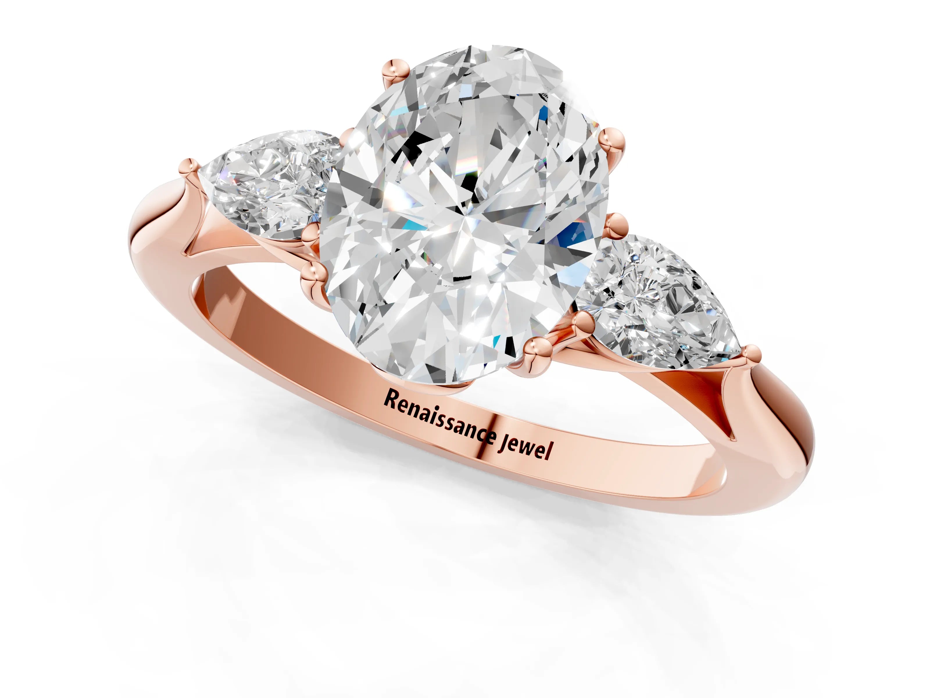 Rose gold Oval Cut Diamond Three-Stone Ring with Pear with Moissanite side stone Side Stones and Prong Setting_1