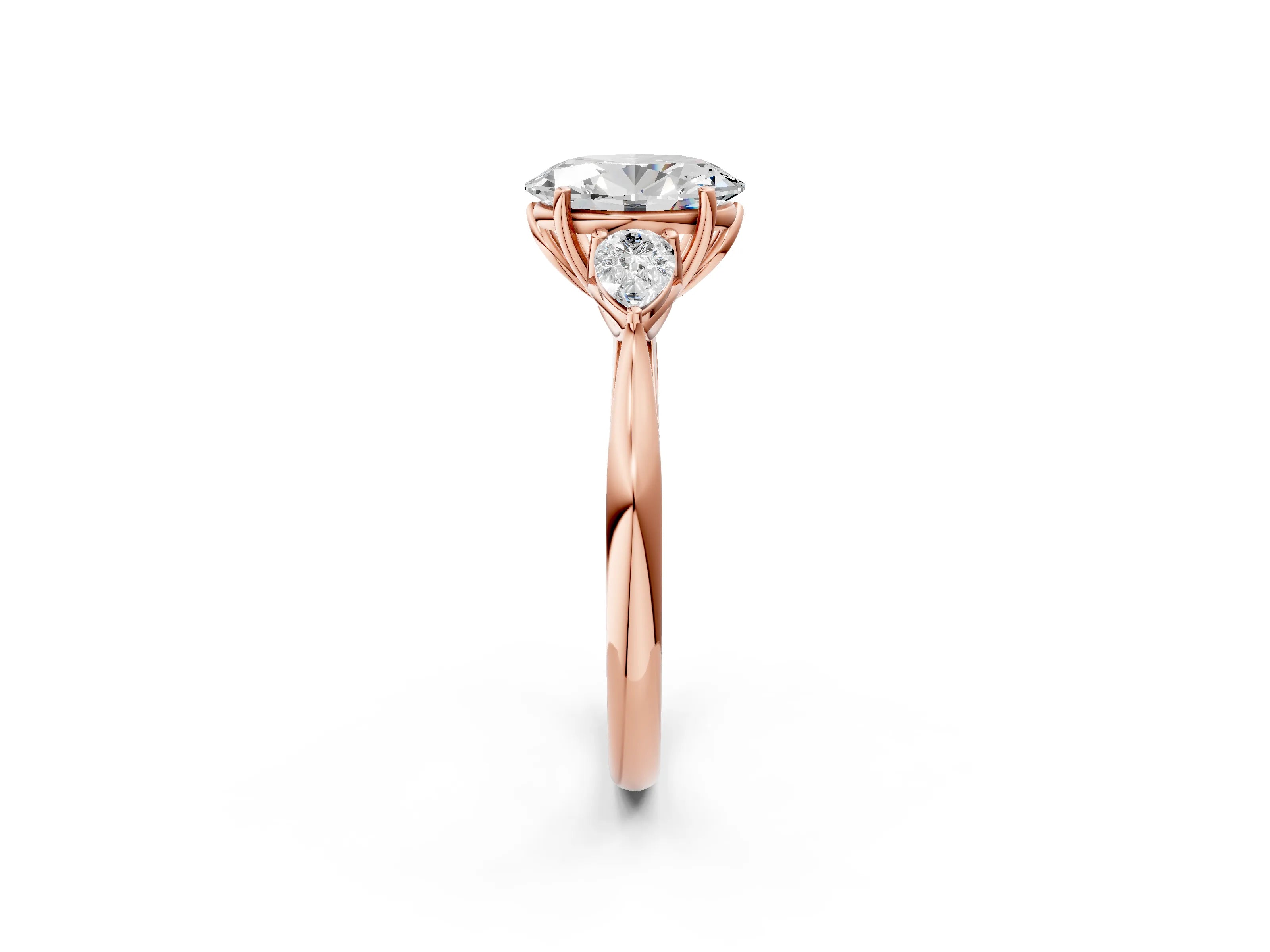 Rose gold Oval Cut Diamond Three-Stone Ring with Pear with Moissanite side stone Side Stones and Prong Setting_2
