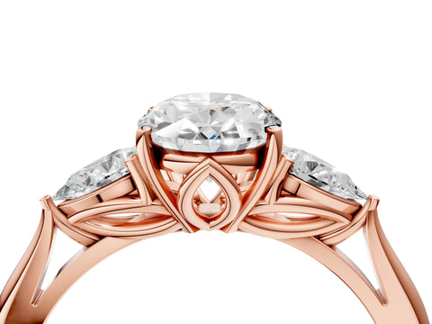 Rose gold Oval Cut Diamond Three-Stone Ring with Pear with Moissanite side stone Side Stones and Prong Setting_4