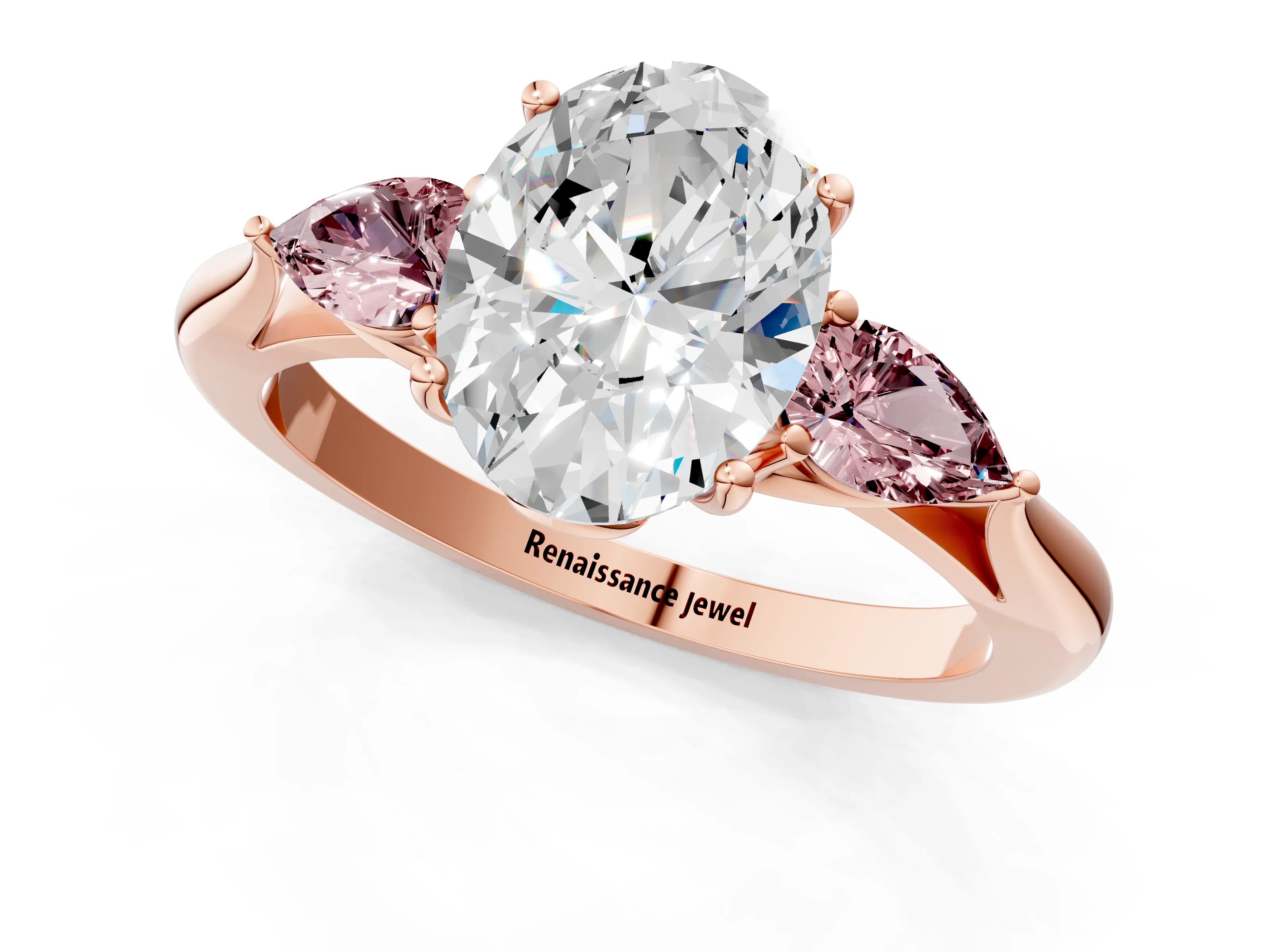 Rose gold Oval Cut Diamond Three-Stone Ring with Pear with Morganite side stone Side Stones and Prong Setting_1
