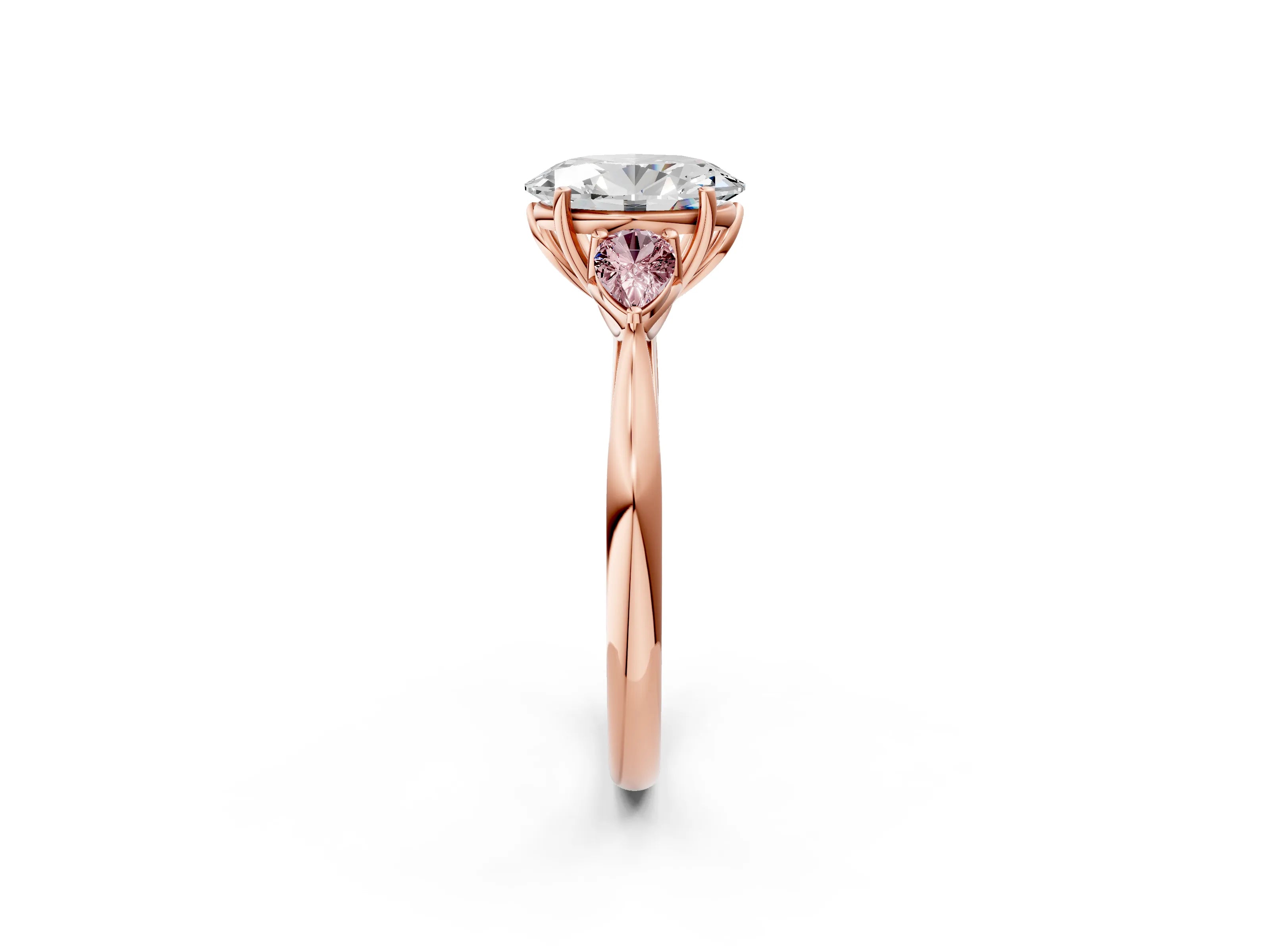 Rose gold Oval Cut Diamond Three-Stone Ring with Pear with Morganite side stone Side Stones and Prong Setting_2