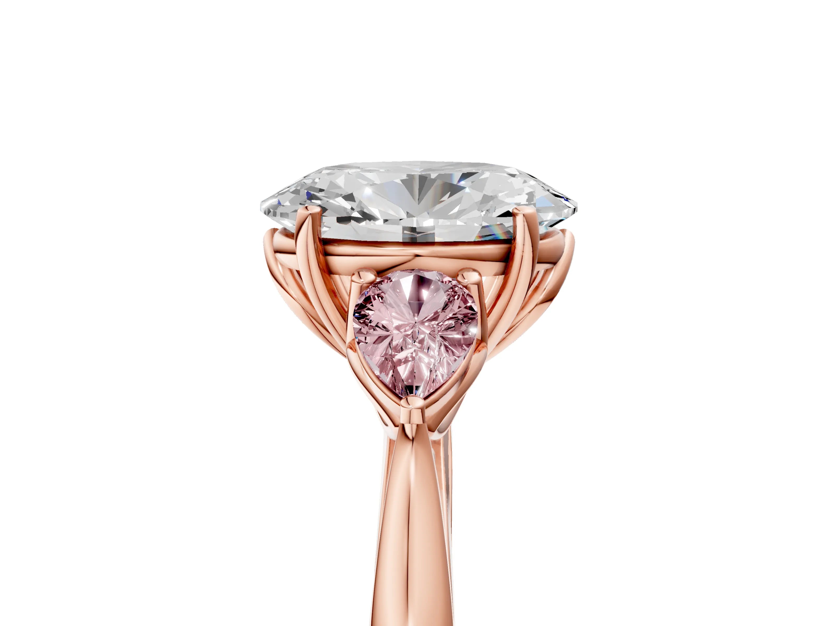 Rose gold Oval Cut Diamond Three-Stone Ring with Pear with Morganite side stone Side Stones and Prong Setting_5